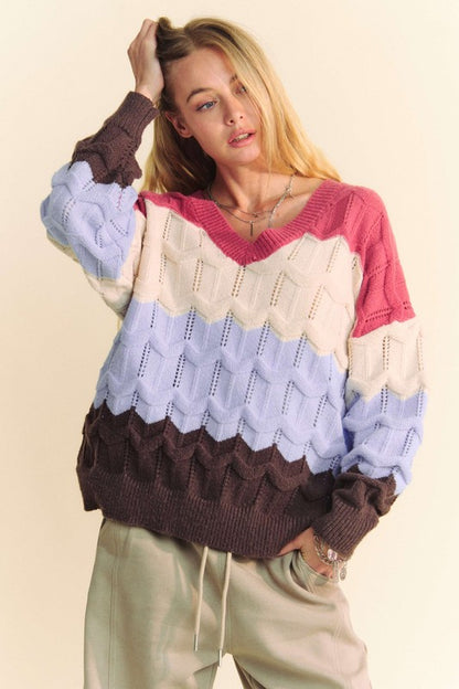 Davi &amp; Dani Wavy Texture Color Block V-Neck Sweater