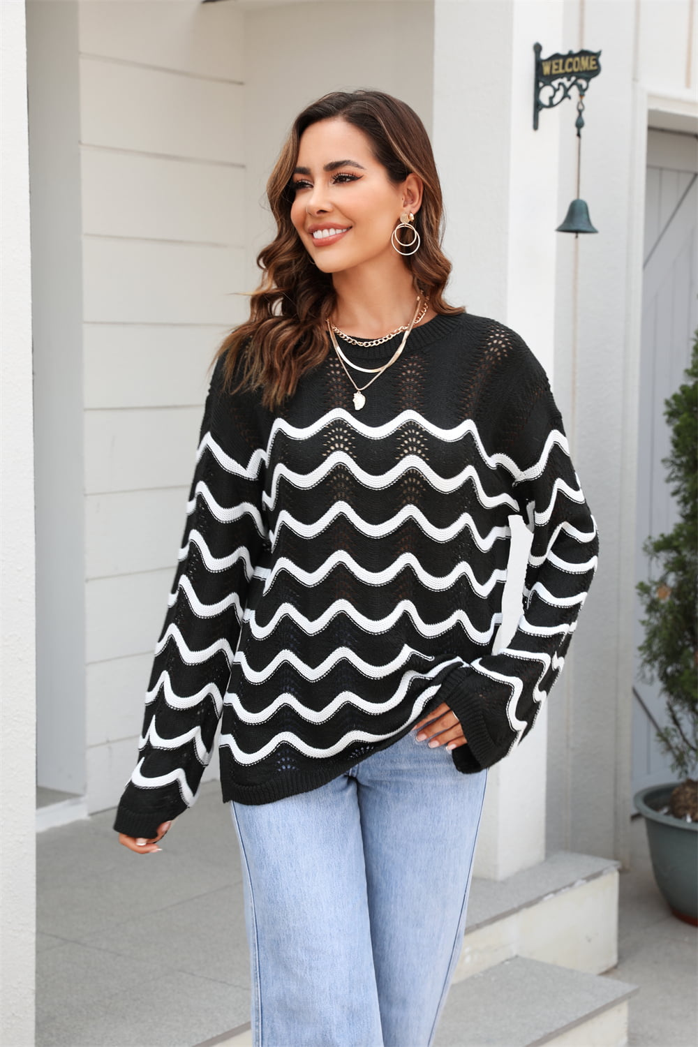 Aura Stylo - Angel Wings Wave Pattern Round Neck Long Sleeve Sweater