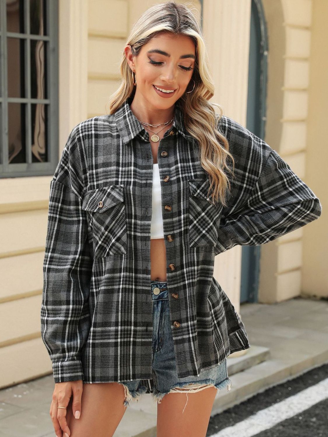 Aura Stylo - Pocketed Plaid Collared Neck Long Sleeve Shirt