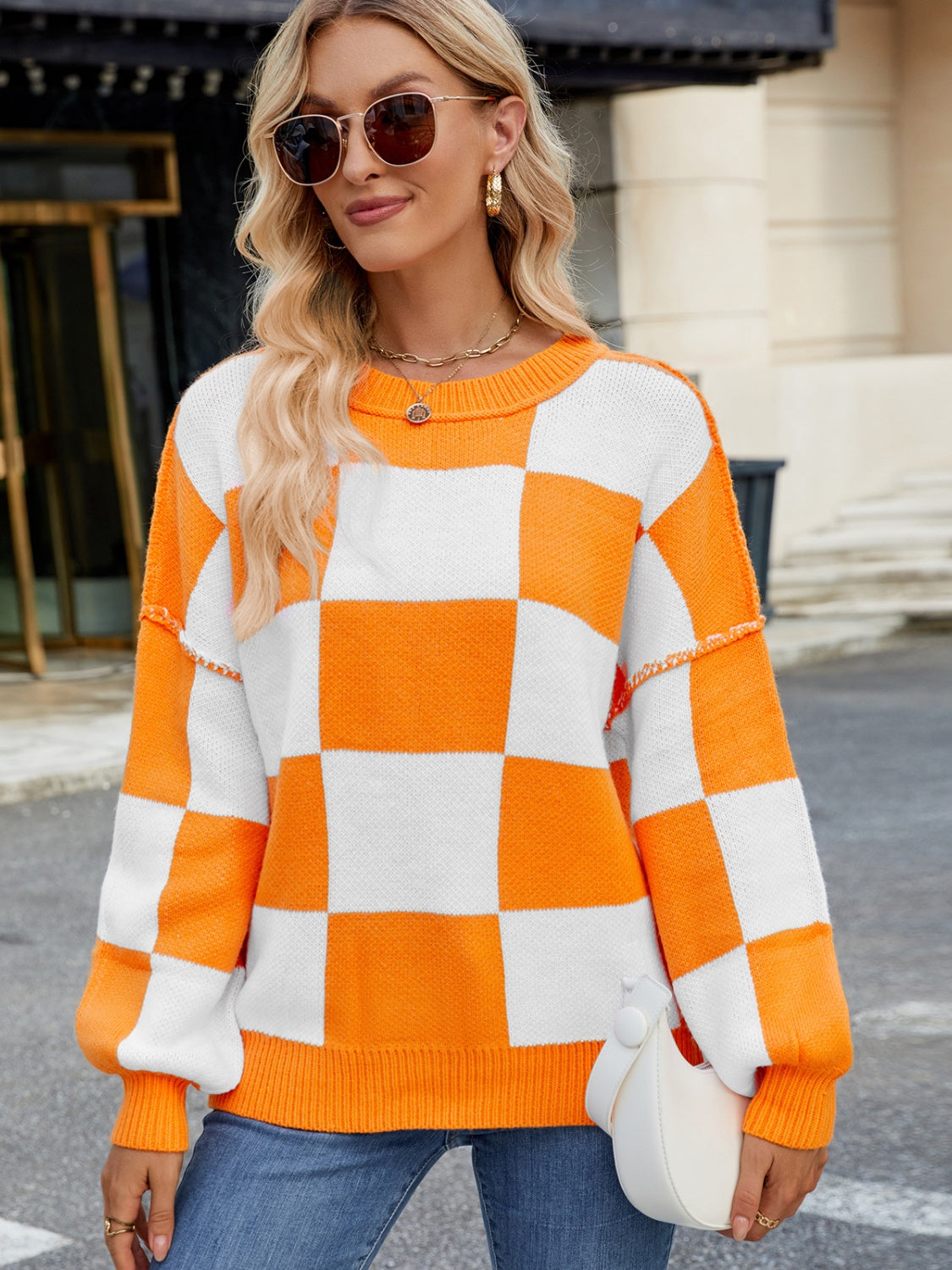  Checkered Round Neck Long Sleeve Sweater