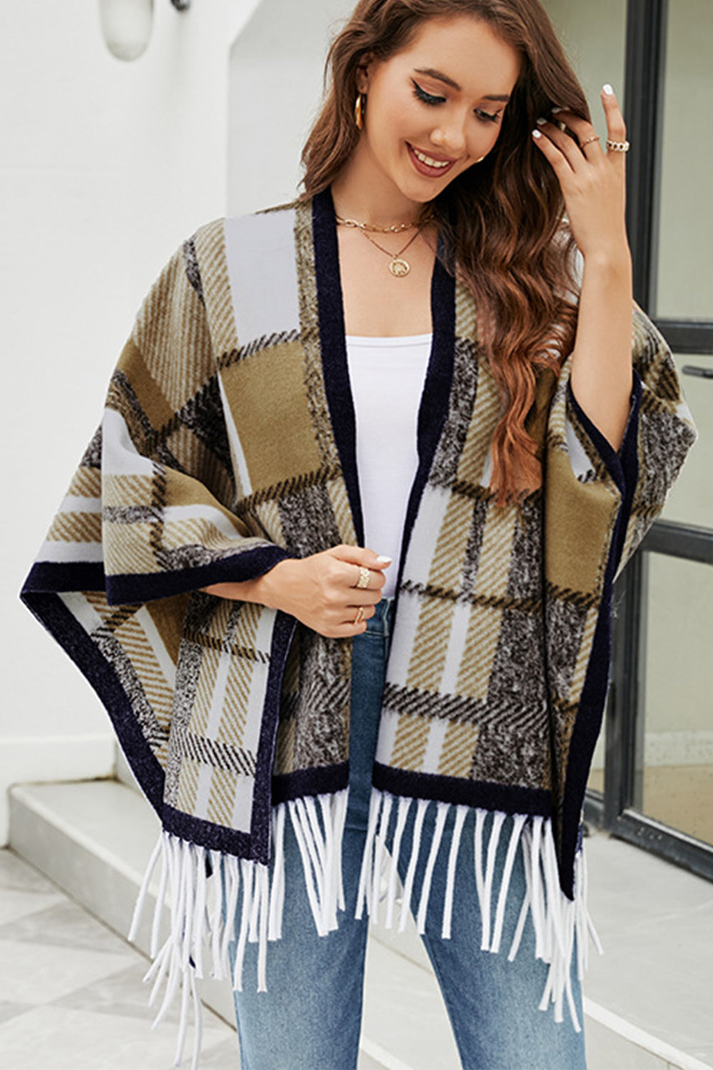 Aura Stylo - Cloak Sleeve Fringe Detail Poncho