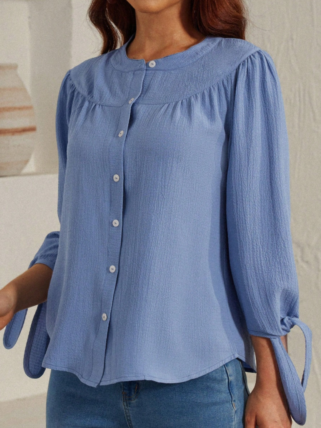 Aura Stylo - Tied Round Neck Three-Quarter Sleeve Shirt