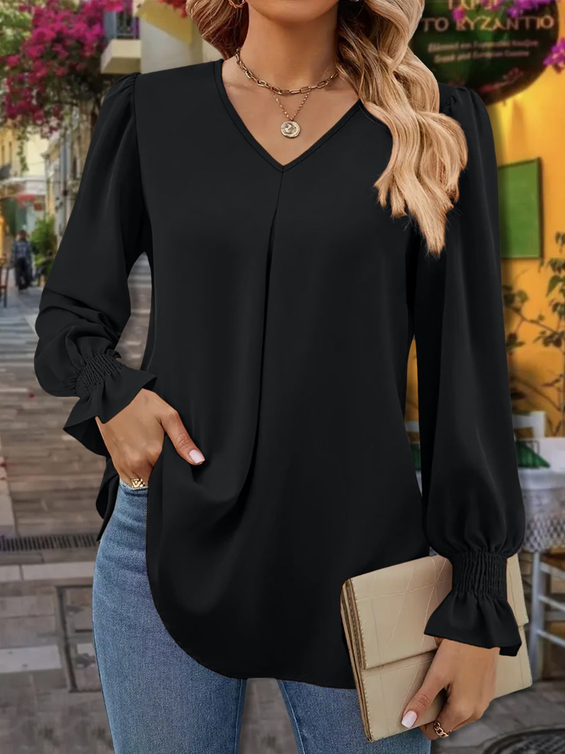 Aura Stylo - Trendy V-Neck Flounce Sleeve Blouse