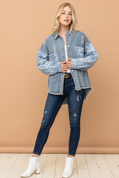 Full Size Paisley Print Quilted Sleeves Denim Jacket