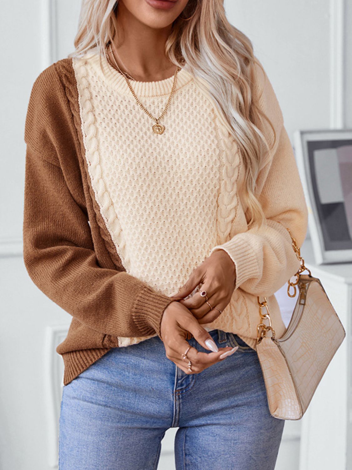 Two Tone Cable Knit Round Neck Long Sleeve Sweater