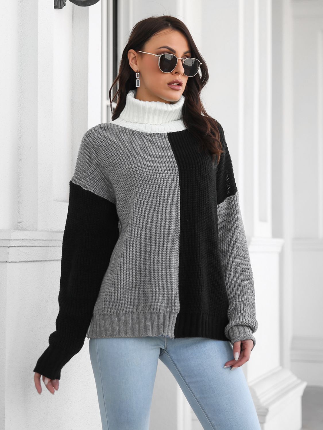 Aura Stylo - Contrast Turtleneck Long Sleeve Sweater