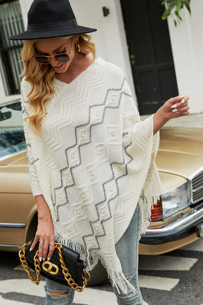 Pearl Trim V Neck Fringe Hem Poncho