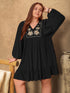 Aura Stylo - Plus Size Embroidered Tie Neck Long Sleeve Mini Dress