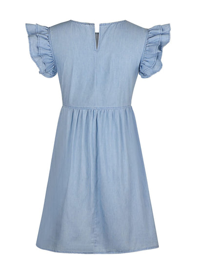 Aura Stylo - Full Size Ruffled Round Neck Cap Sleeve Denim Dress