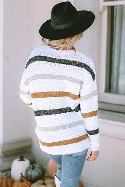 Aura Stylo - Striped Round Neck Dropped Shoulder Sweater