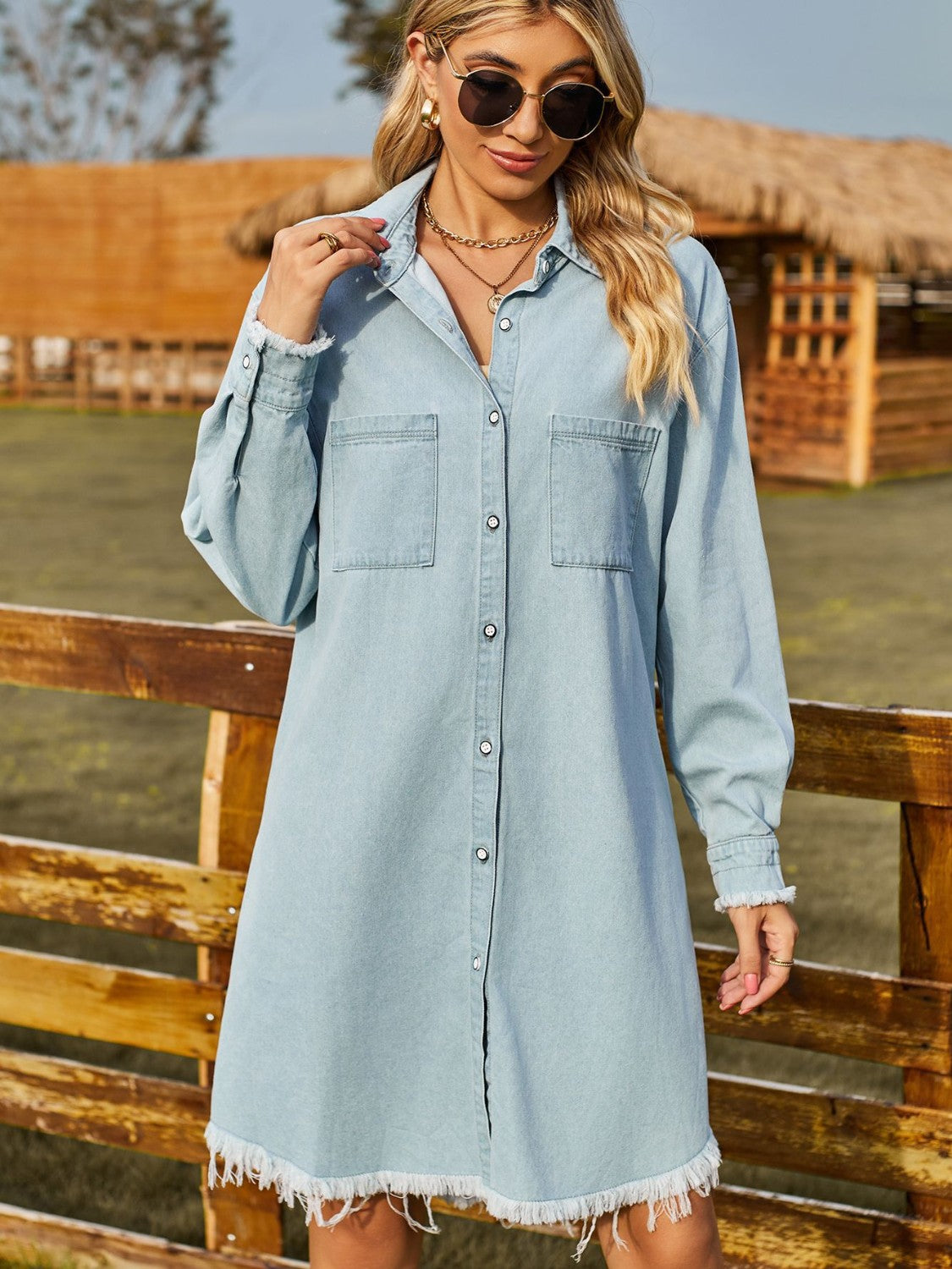 Aura Stylo - Button Up Collared Neck Raw Hem Denim Dress