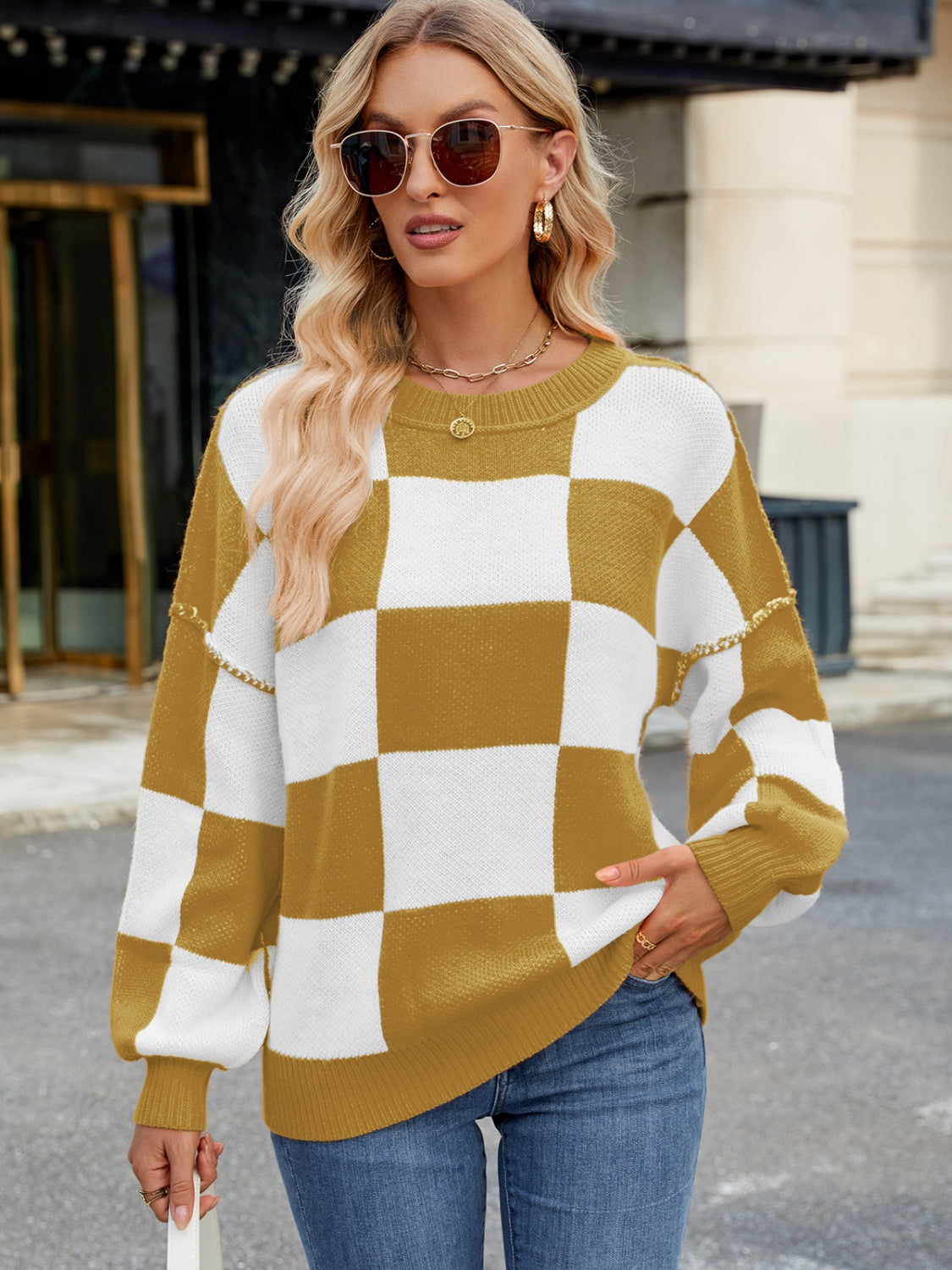  Checkered Round Neck Long Sleeve Sweater