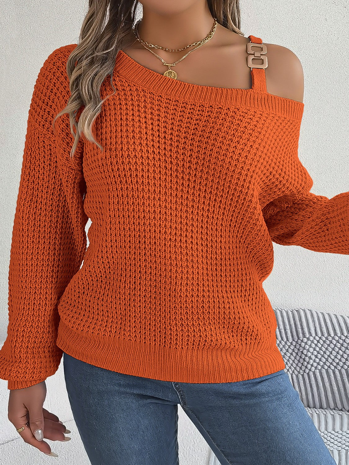 Aura Stylo - Asymmetrical Neck Long Sleeve Sweater