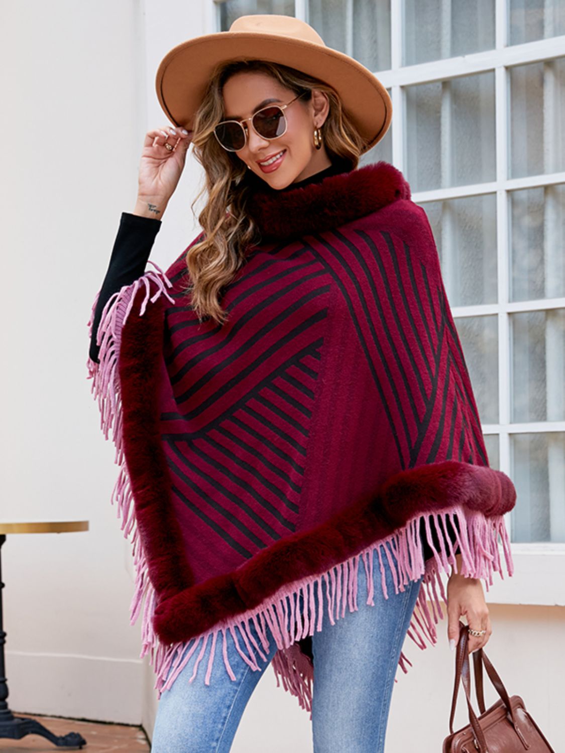 Striped Fringe Hem Poncho Outerwear