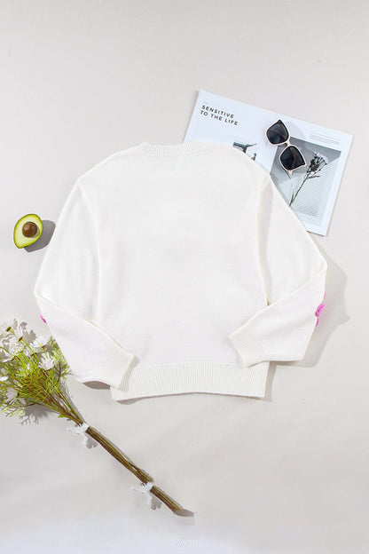  Crochet Flower Round Neck Long Sleeve Sweater