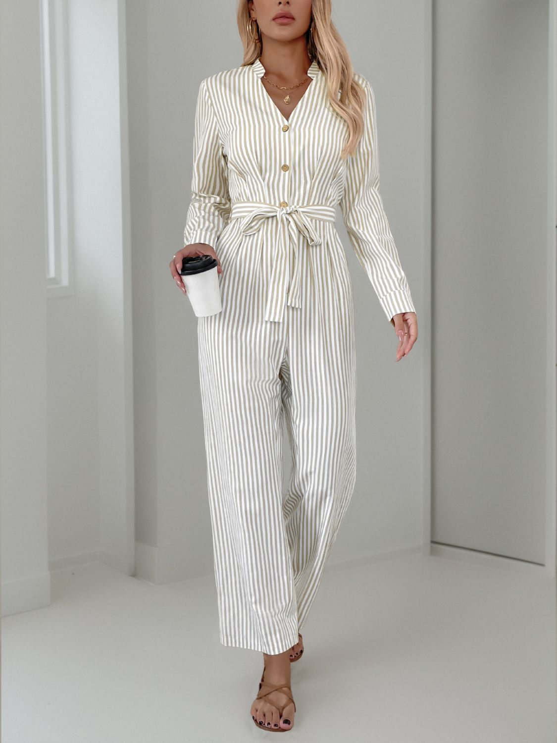 Aura Stylo - Striped Notched Long Sleeve Tie Waist Jumpsuit