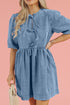 Aura Stylo - Bowknot Round Neck Half Sleeve Denim Dress