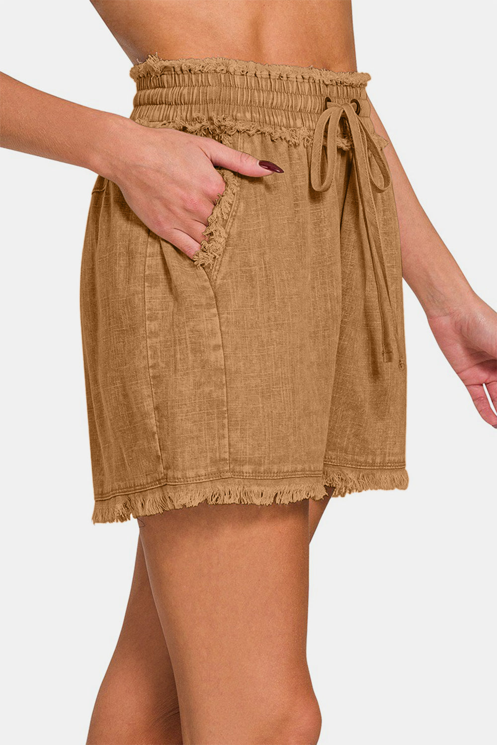 Aura Stylo - Zenana Washed Linen Frayed Hem Drawstring Shorts