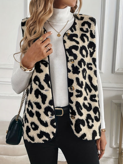 Aura Stylo - Leopard Button Up Sherpa Vest