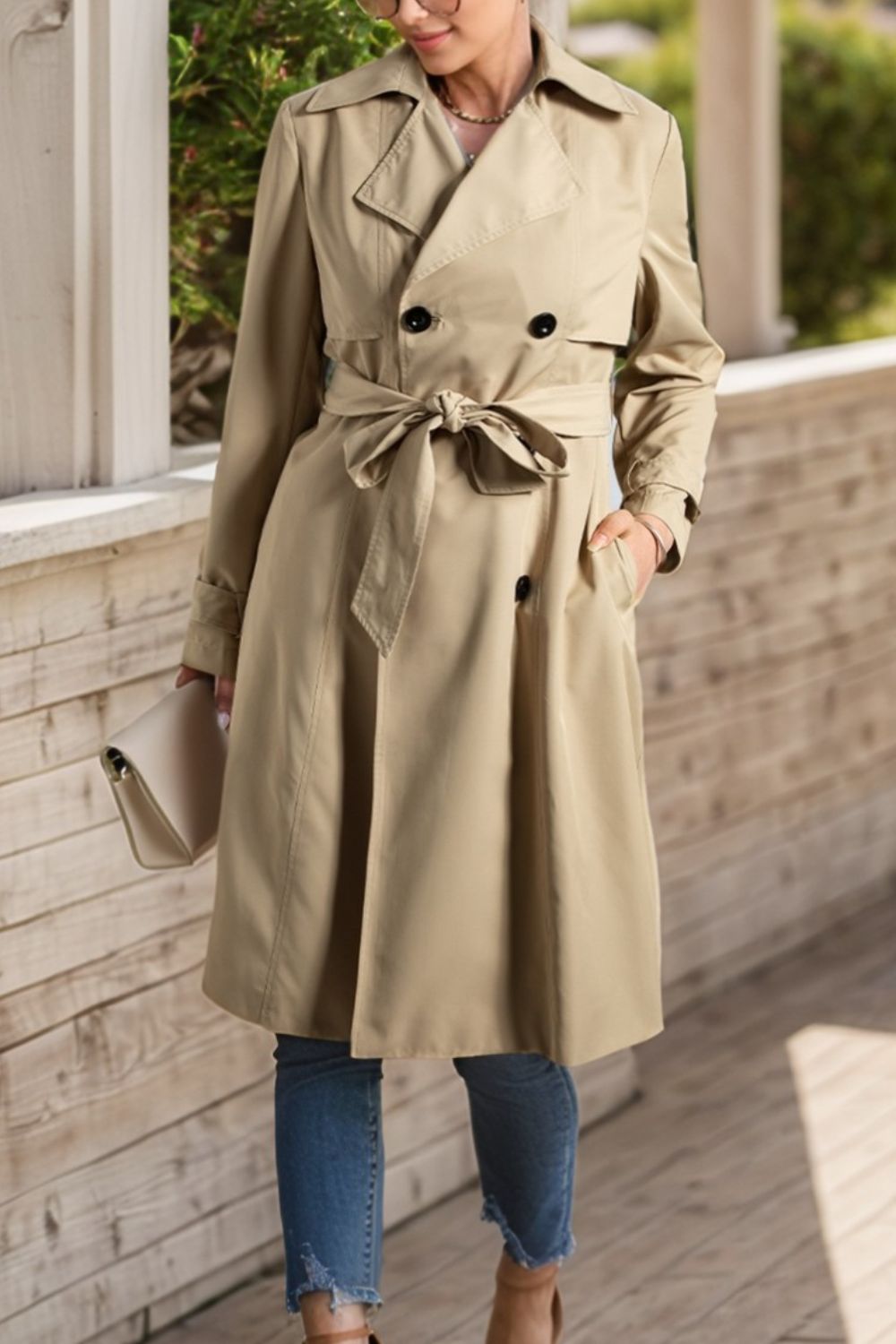 Collared Neck Tie Waist Buttoned Long Sleeve Trench Coat