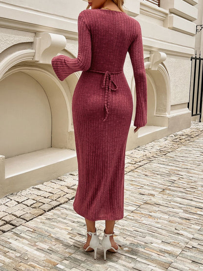 Aura Stylo - Devine Tied V-Neck Long Sleeve Sweater Dress