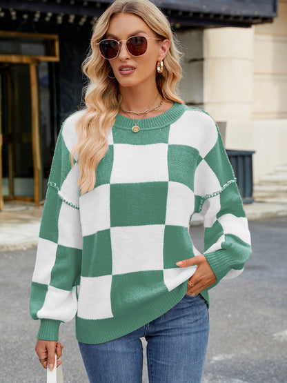  Checkered Round Neck Long Sleeve Sweater