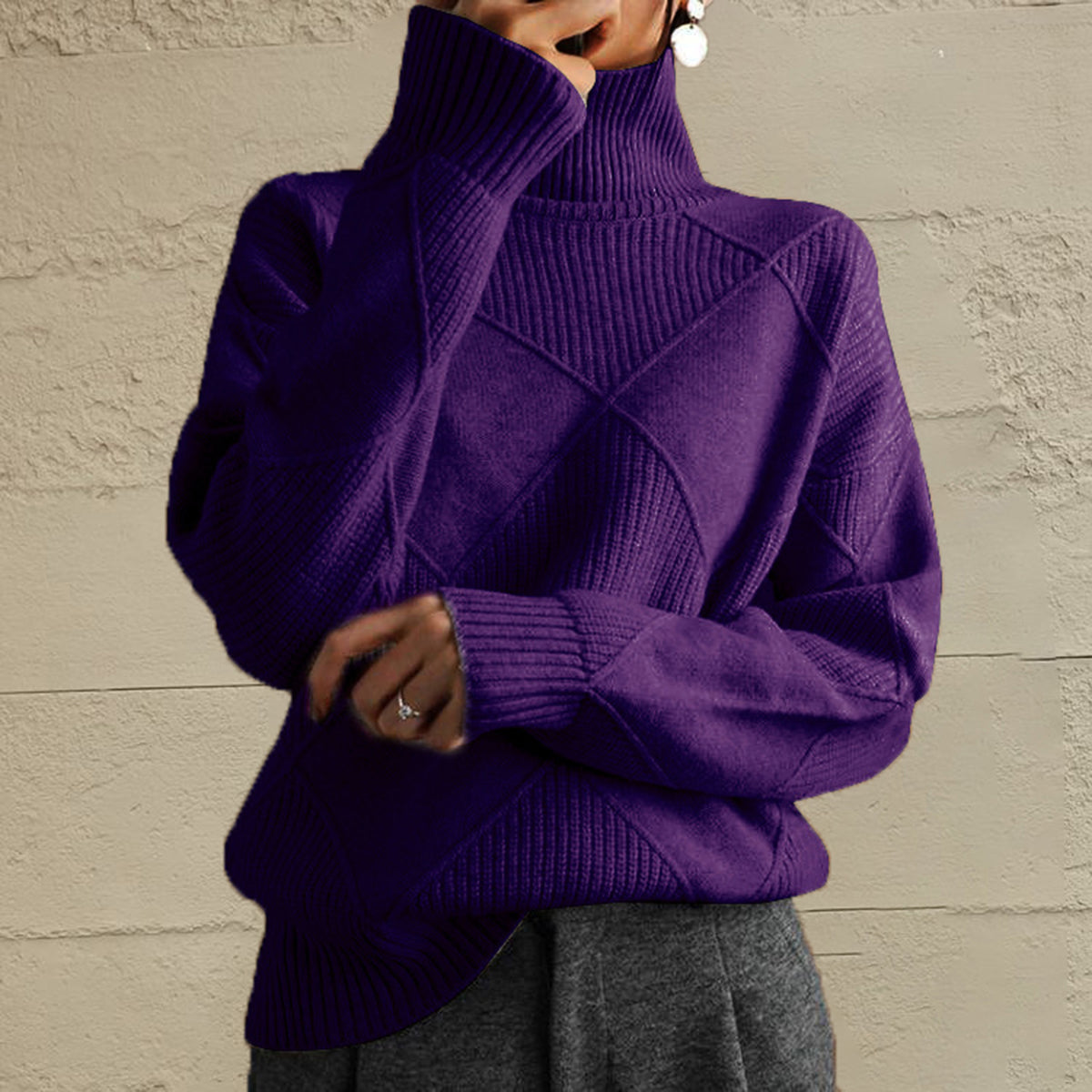  Geometric Turtleneck Long Sleeve Sweater