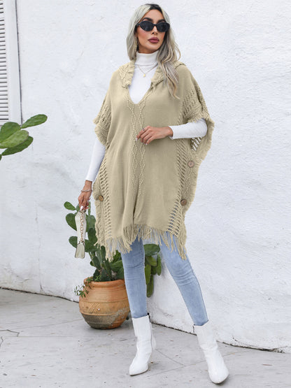 Fringe Trim Buttoned Hooded Poncho