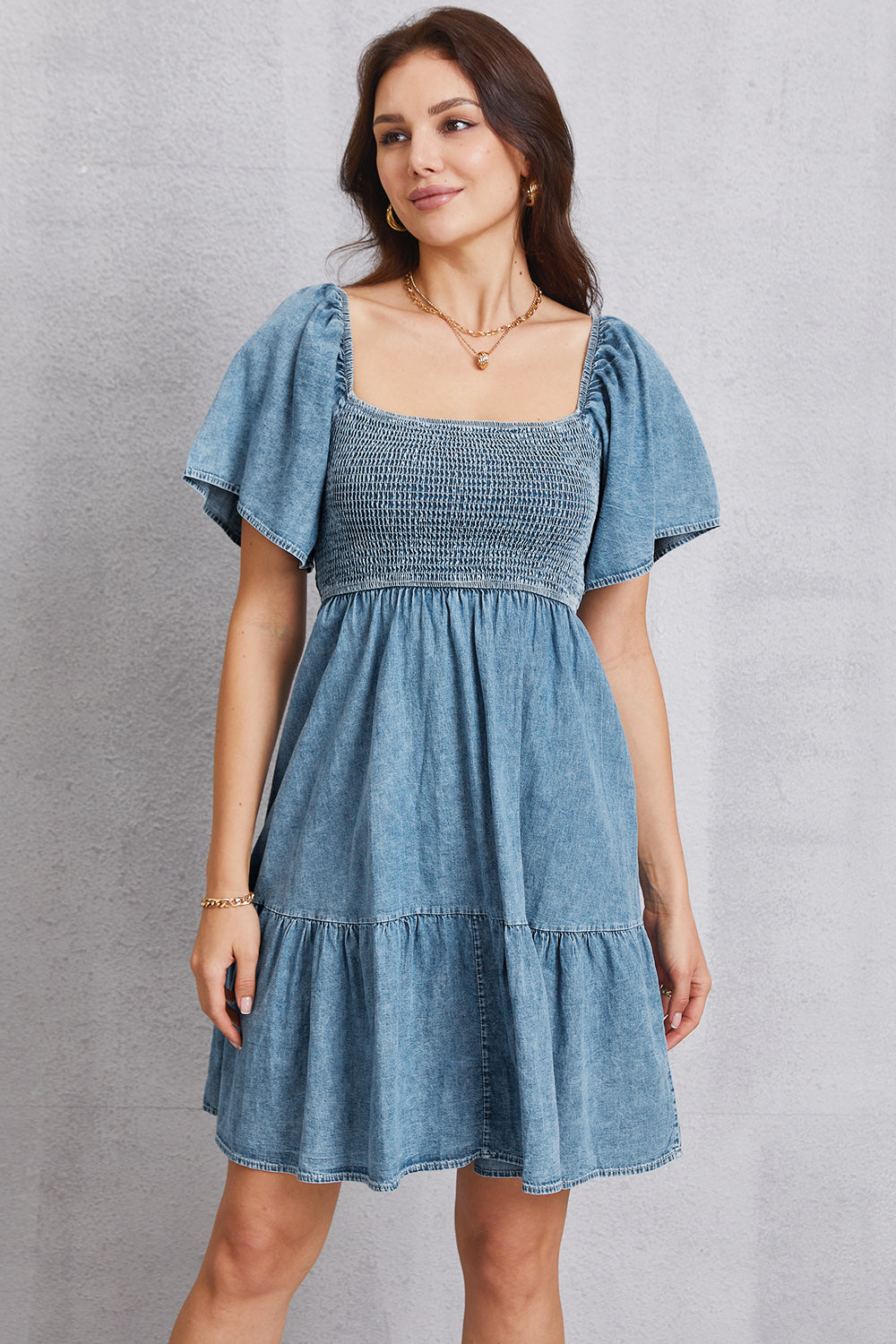 Aura Stylo - Smocked Square Neck Mini Denim Dress