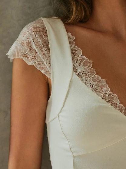 Lace Detail V-Neck Cap Sleeve Top