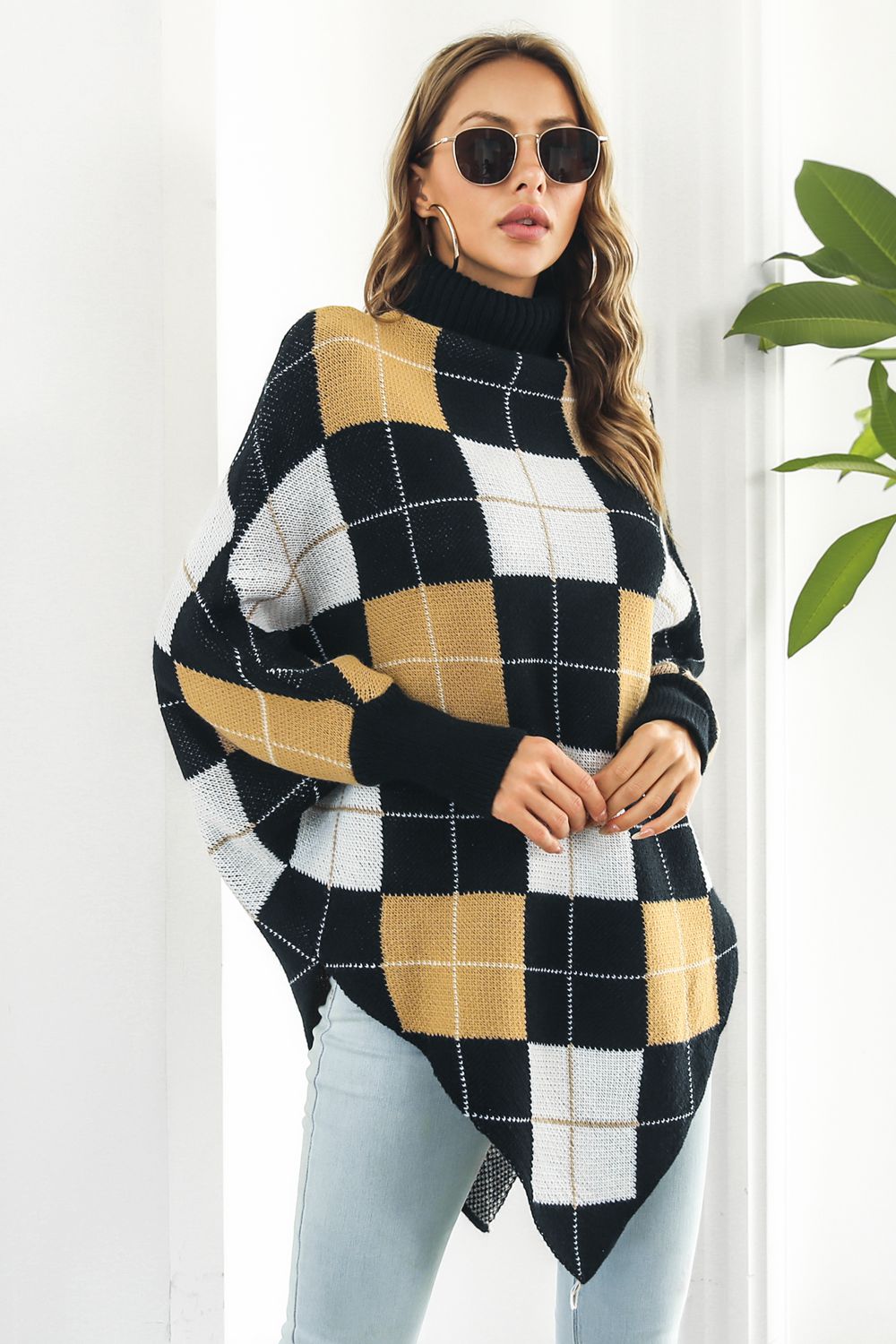 Aura Stylo - Plaid Turtleneck Dolman Sleeve Poncho