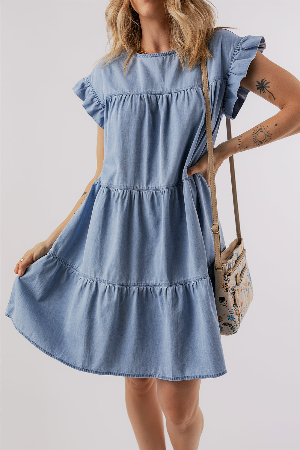 Aura Stylo - Ruffled Round Neck Cap Sleeve Denim Dress