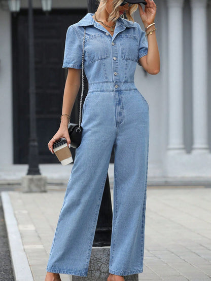 Short Sleeve Wide Leg Denim Jumpsuit