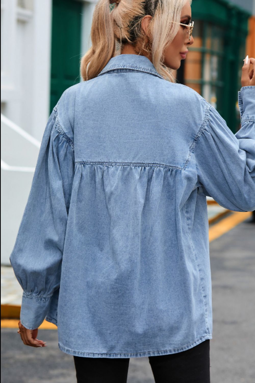 Collared Neck Lantern Sleeve Denim Top