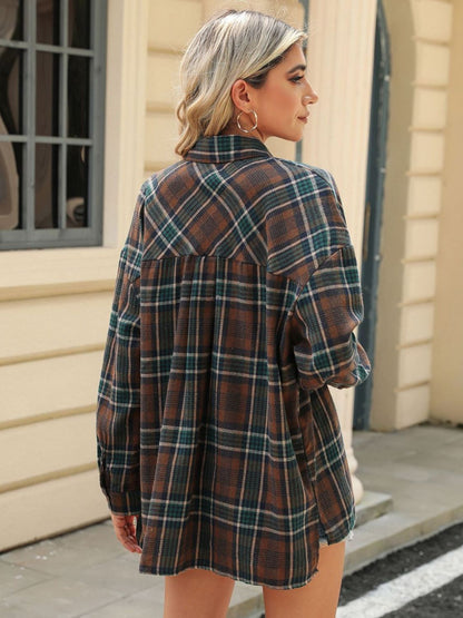 Aura Stylo - Pocketed Plaid Collared Neck Long Sleeve Shirt