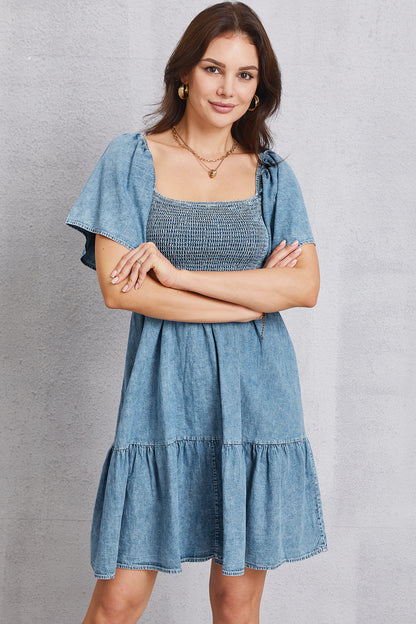 Aura Stylo - Smocked Square Neck Mini Denim Dress