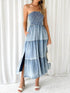 Aura Stylo - Slit Smocked Tube Tiered Denim Dress