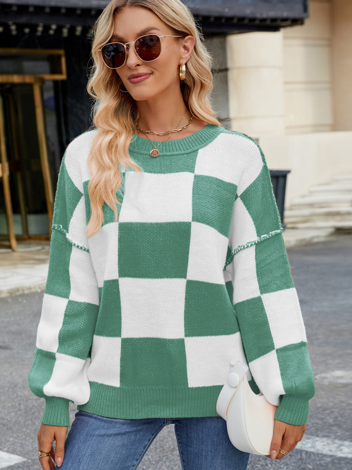  Checkered Round Neck Long Sleeve Sweater