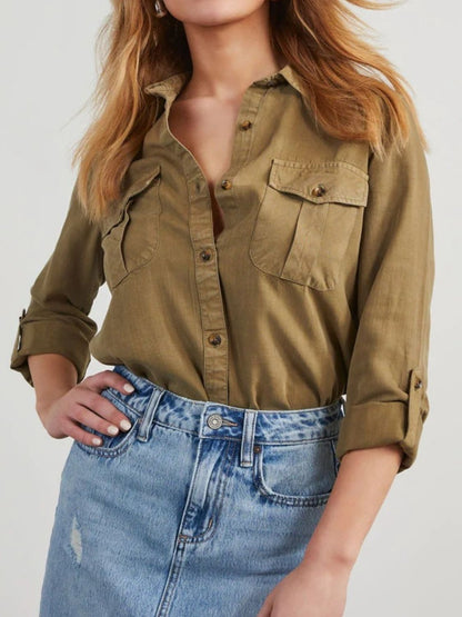 Collared Neck Roll Tab Sleeve Denim Top