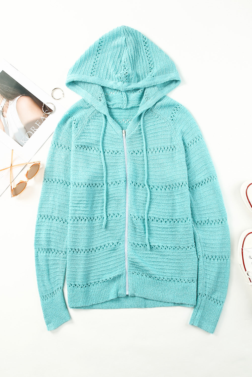 Aura Stylo - Zip-Up Raglan Sleeve Openwork Hooded Cardigan