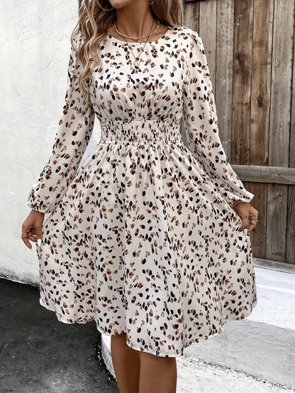 Aura Stylo - Printed Round Neck Long Sleeve Dress