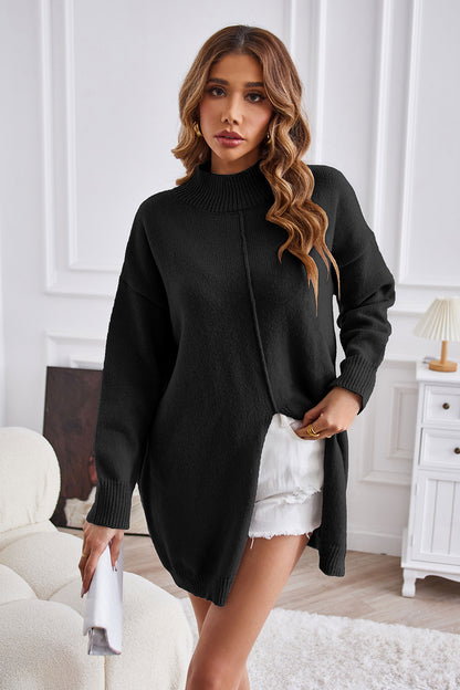 Aura Stylo - Exposed Seam Mock Neck Slit Sweater