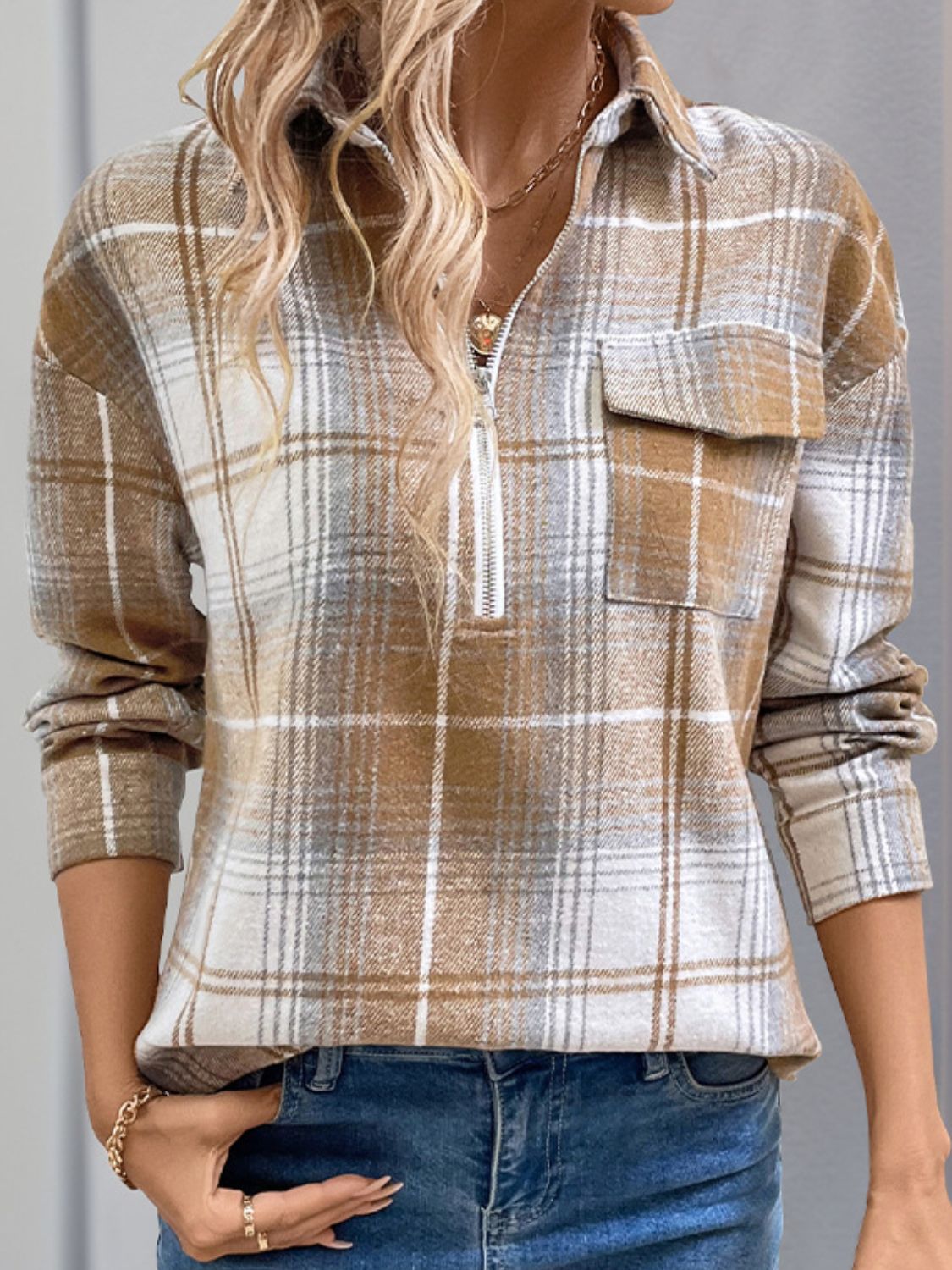 Aura Stylo - Perfee Plaid Collared Neck Half Zip Long Sleeve Top