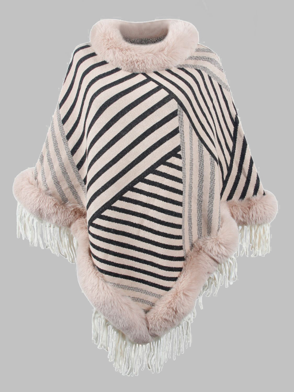 Striped Fringe Hem Poncho Outerwear