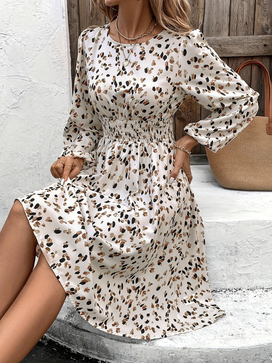 Aura Stylo - Printed Round Neck Long Sleeve Dress