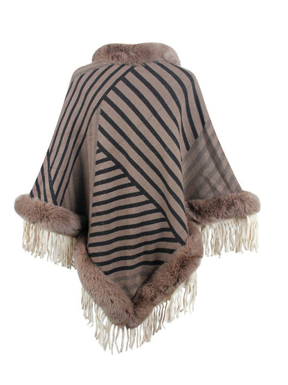 Striped Fringe Hem Poncho Outerwear