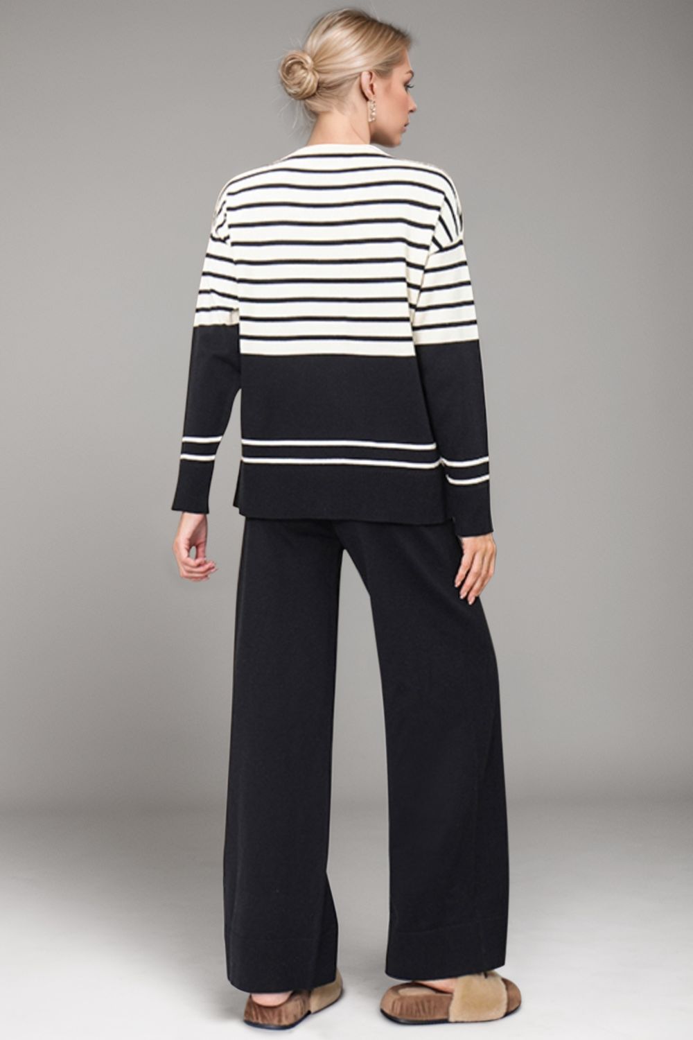 Bae Striped Round Neck Long Sleeve Top and Pants Sweater Set