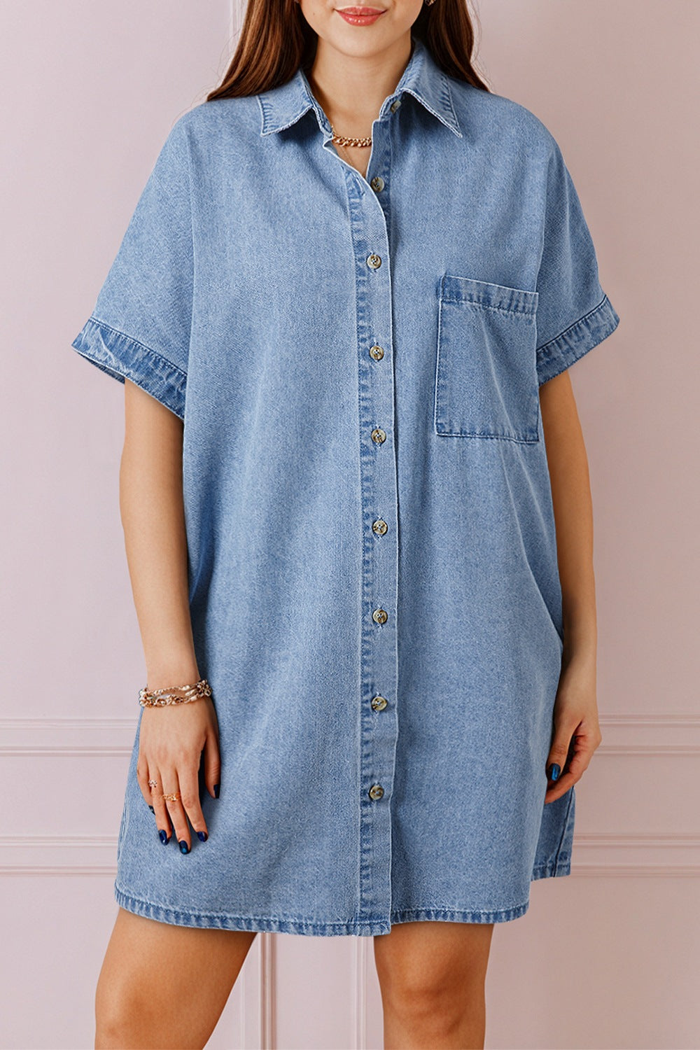 Aura Stylo - Button Down Short Sleeve Denim Dress