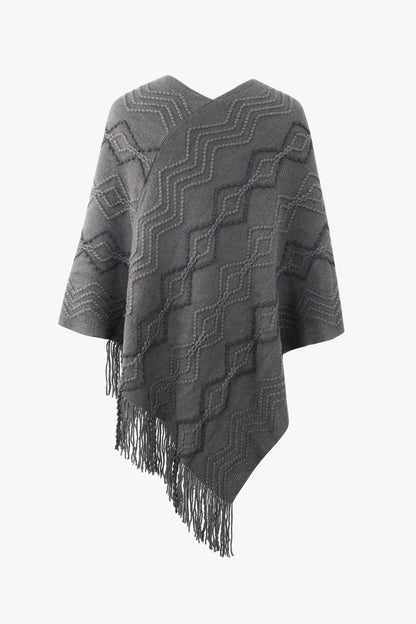 Pearl Trim V Neck Fringe Hem Poncho