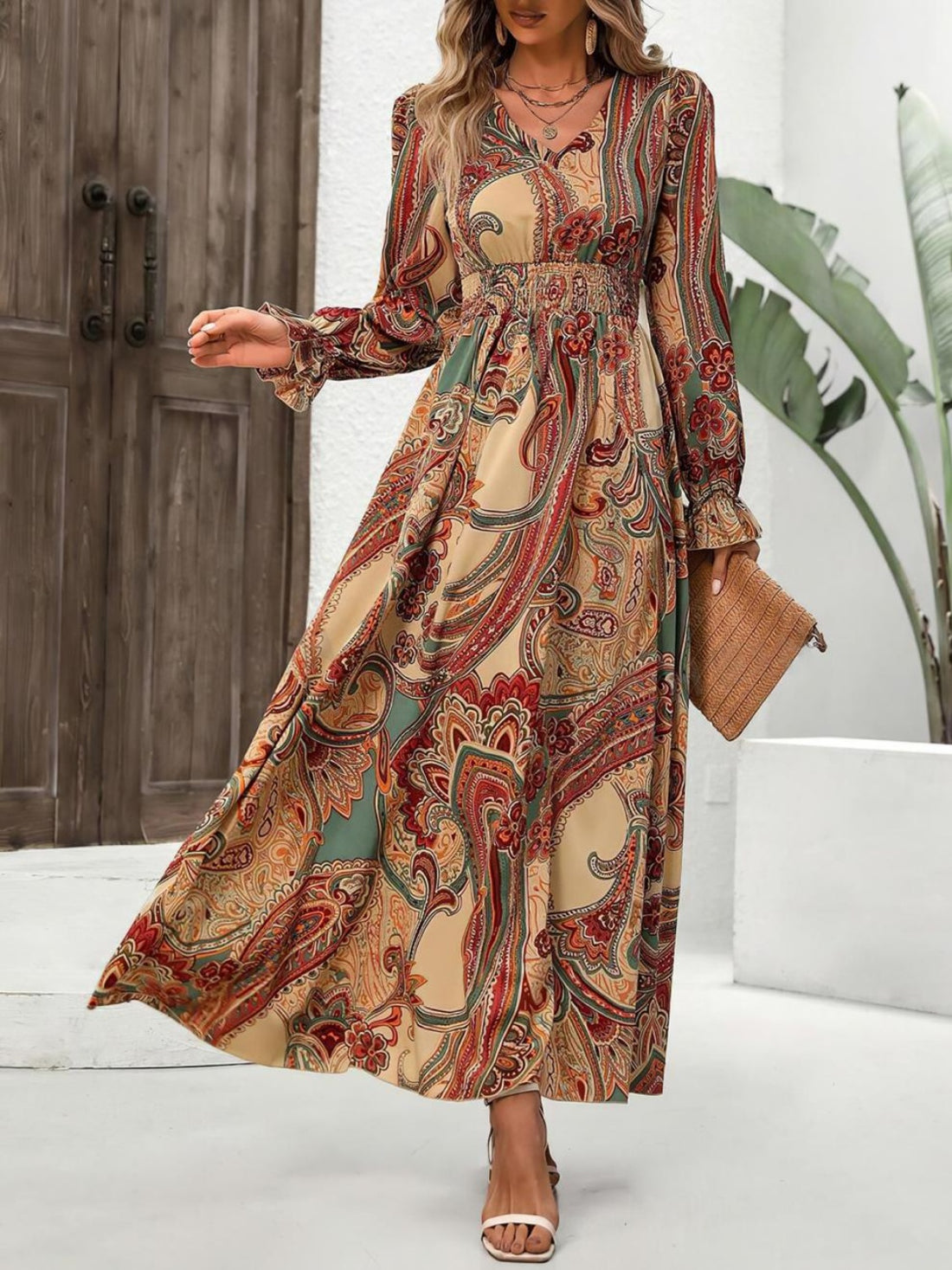 Aura Stylo - Smocked Printed V-Neck Flounce Sleeve Dress